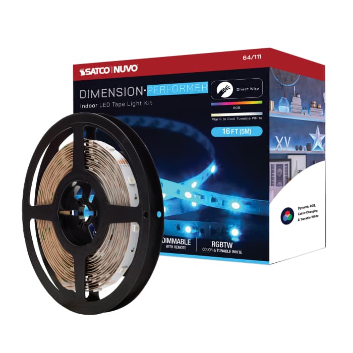 Satco 64-111 Dimension Performer Tape Light strip 16 ft. RGB plus Tunable White J-Box connection IR Remote Included White Finish