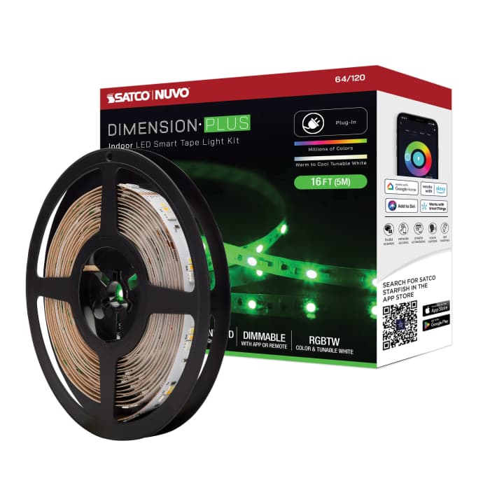 Satco 64-120 Dimension Plus Tape Light strip 16 ft. RGB plus Tunable White Plug connection Starfish IOT Capable IR Remote Included White Finish