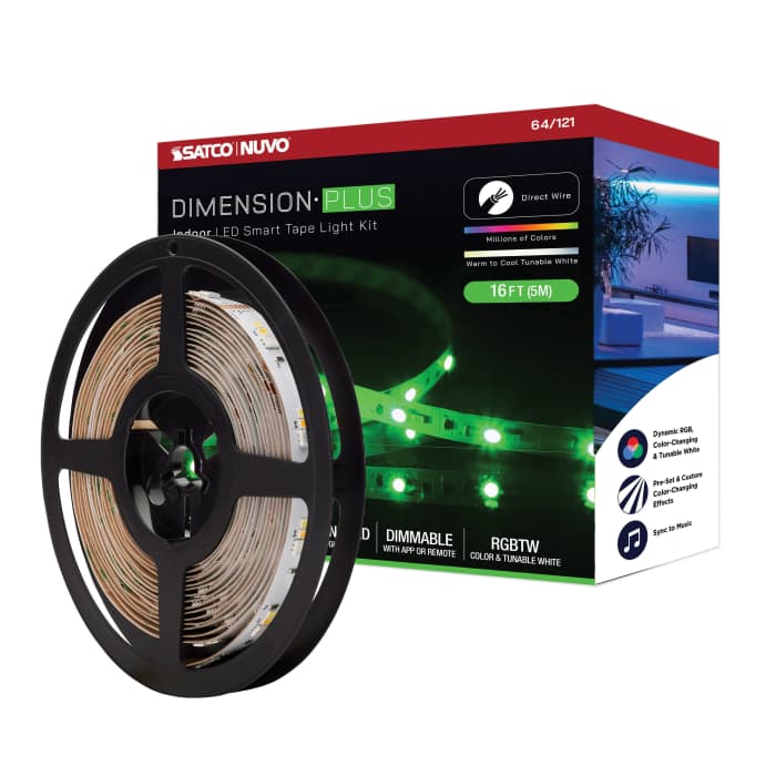 Satco 64-121 Dimension Plus Tape Light strip 16 ft. RGB plus Tunable White J-Box connection Starfish IOT Capable IR Remote Included White Finish