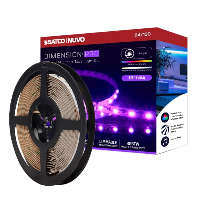 Satco 64-130 Dimension Pro Tape Light strip 16 ft. Hi-Output RGB plus Tunable White Plug connection Starfish IOT Capable IR Remote Included White Finish