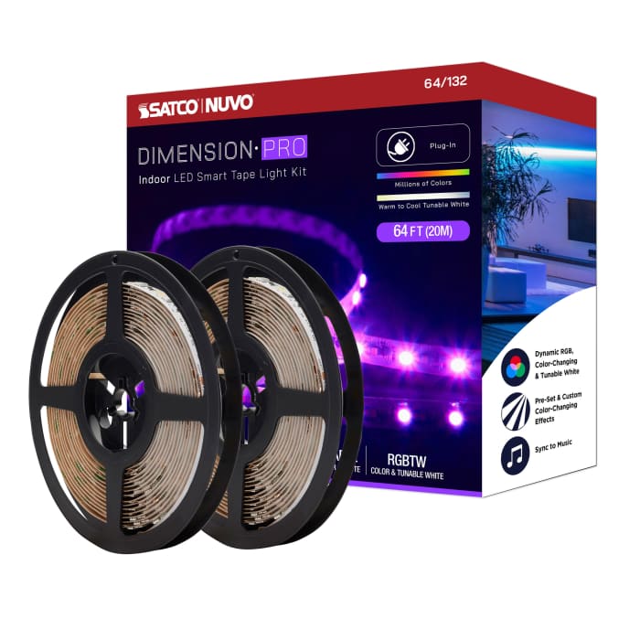 Satco 64-132 Dimension Pro Tape Light strip 64 ft. Hi-Output RGB plus Tunable White Plug connection Starfish IOT Capable IR Remote Included White Finish