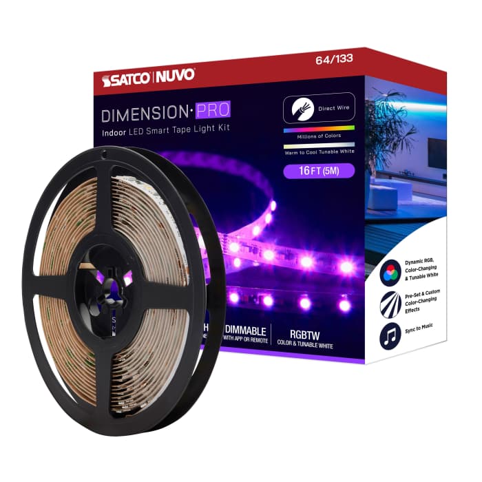 Satco 64-133 Dimension Pro Tape Light strip 16 ft. Hi-Output RGB plus Tunable White J-Box connection Starfish IOT Capable IR Remote Included White Finish