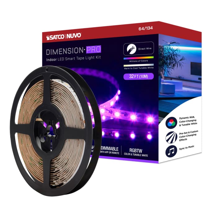 Satco 64-134 Dimension Pro Tape Light strip 32 ft. Hi-Output RGB plus Tunable White J-Box connection Starfish IOT Capable IR Remote Included White Finish