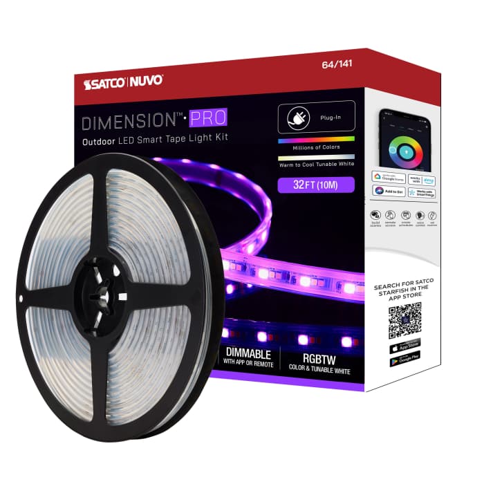 Satco 64-141 Dimension Pro Tape Light strip 32 ft. Hi-Output RGB plus Tunable White Plug connection IP65 Starfish IOT Capable RF Remote Included White Finish