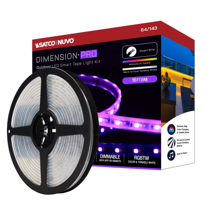 Satco 64-143 Dimension Pro Tape Light strip 16 ft. Hi-Output RGB plus Tunable White J-Box connection IP65 Starfish IOT Capable RF Remote Included White Finish