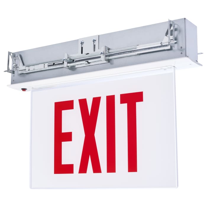 Satco 67-350 Edge Lit Exit Sign Chicago Approved White Housing 120-277V 90 min Backup Single Face Recessed Ceiling and Wall Mounting