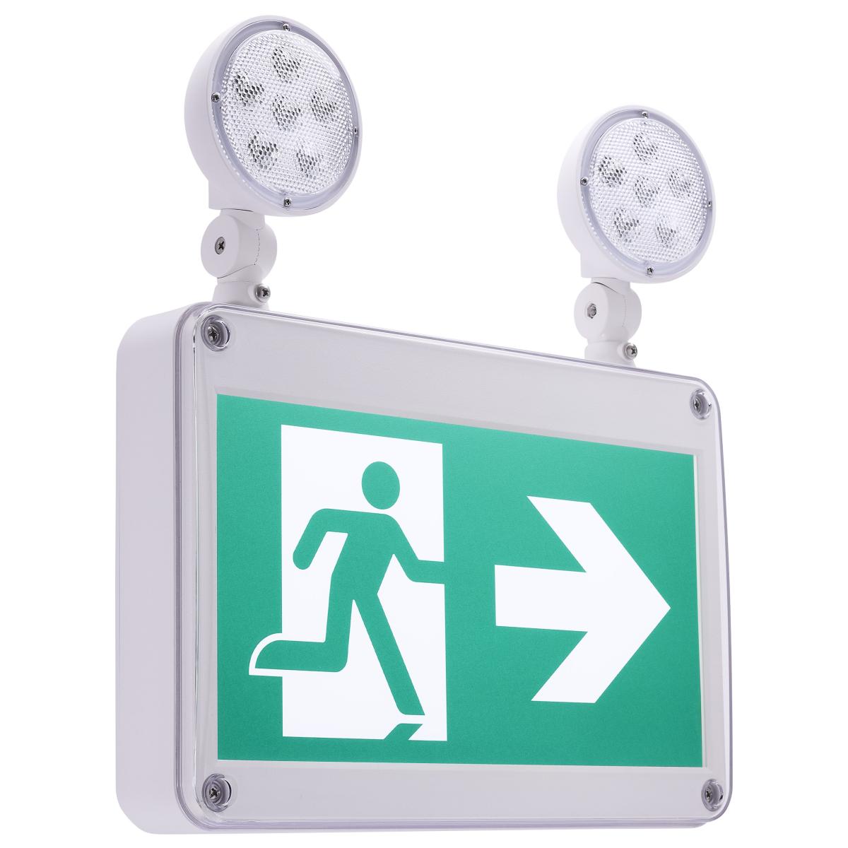 Satco 67-573 EX COMBO-CAN-WET LT RC Running Man Green Combo Exit Sign/Emergency Light; 120/347V; 2HR backup; Single/Dual Face; Universal Mounting; Wet Location; Low Temperature; Remote-Capable
