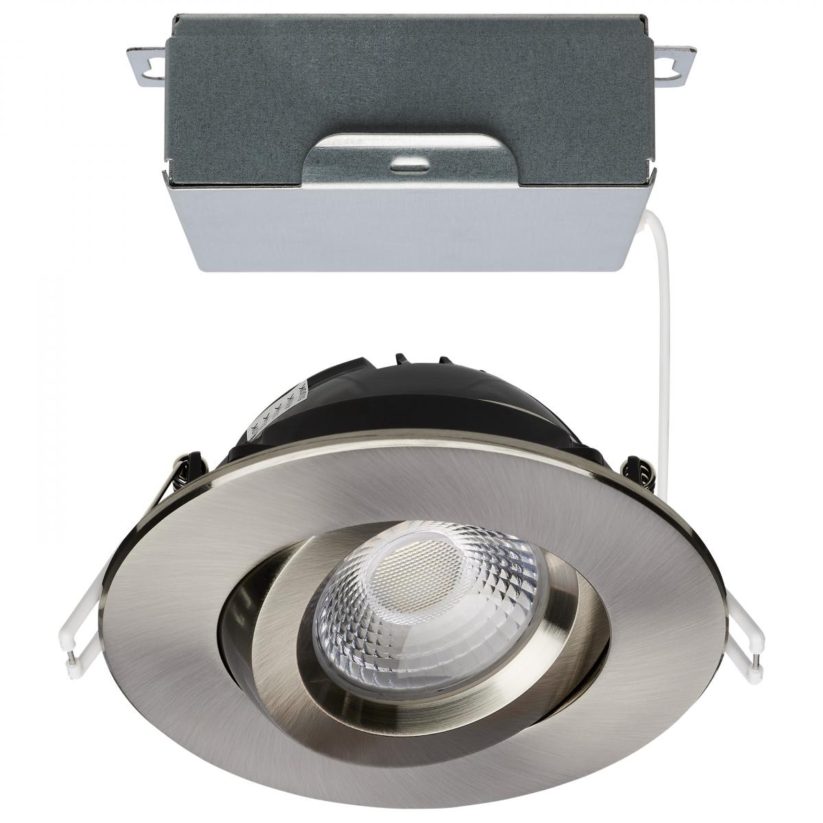Satco S11620R1 12 Watt LED Direct Wire Downlight Gimbaled 4 Inch CCT Selectable Round Remote Driver Brushed Nickel Finish 850 Lumens 120 Volt