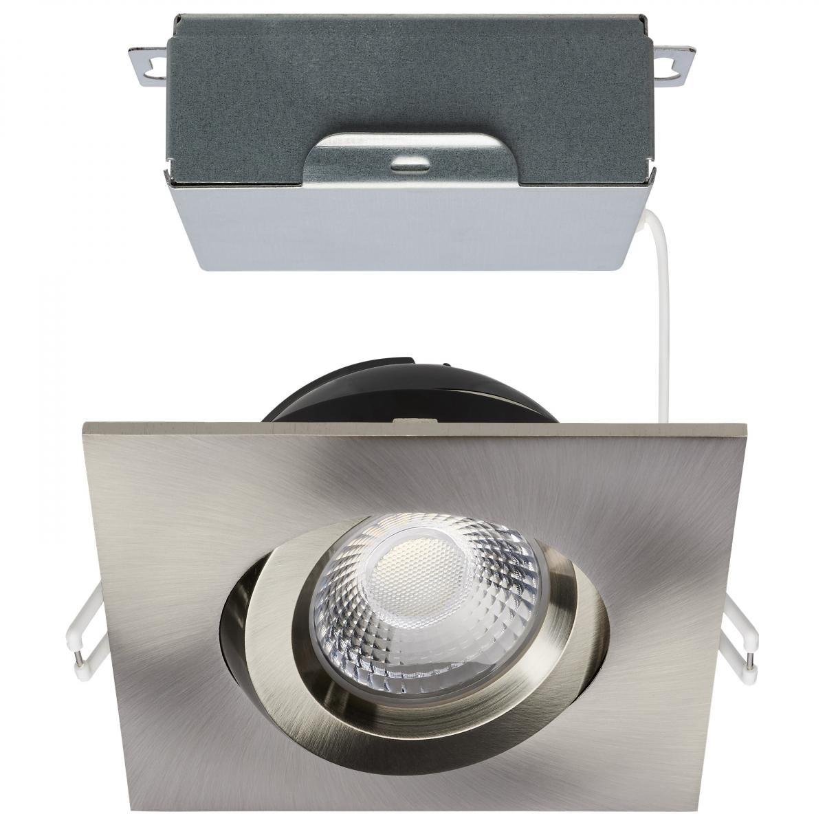Satco S11623R1 12 Watt LED Direct Wire Downlight Gimbaled 4 Inch CCT Selectable Square Remote Driver Brushed Nickel Finish 850 Lumens 120 Volt
