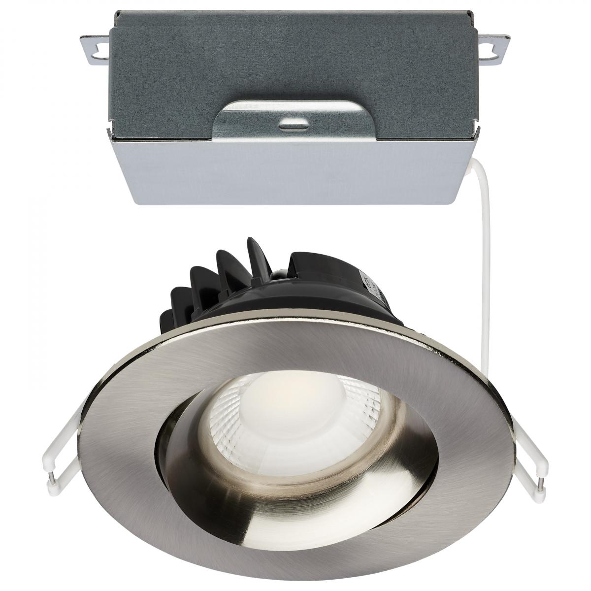 Satco S11626R1 12 Watt LED Direct Wire Downlight Gimbaled 3.5 Inch CCT Selectable Round Remote Driver Brushed Nickel Finish 840 Lumens 120 Volt