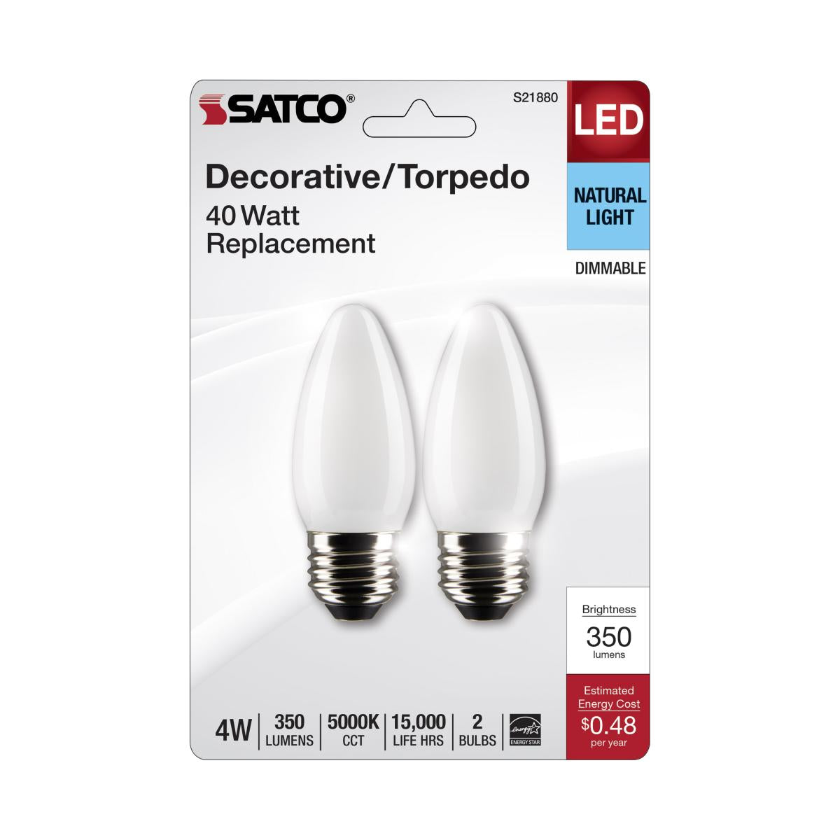Satco S21880 4 Watt B11 LED Frost Finish Medium Base 5000K 120 Volt 2-Pack