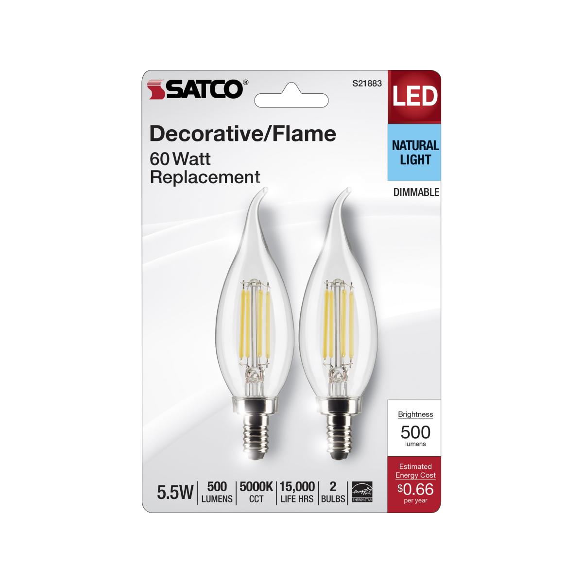 Satco S21883 5.5 Watt CA10 LED Clear Candelabra Base 5000K 120 Volt 2-Card