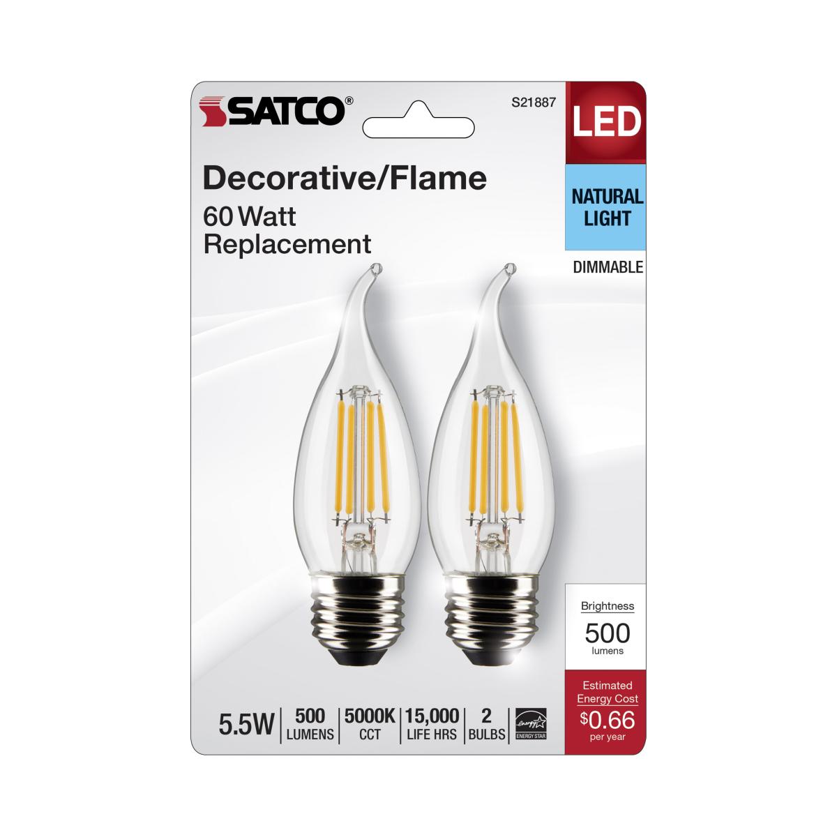 Satco S21887 5.5 Watt CA10 LED Clear Medium Base 5000K 120 Volt 2-Card