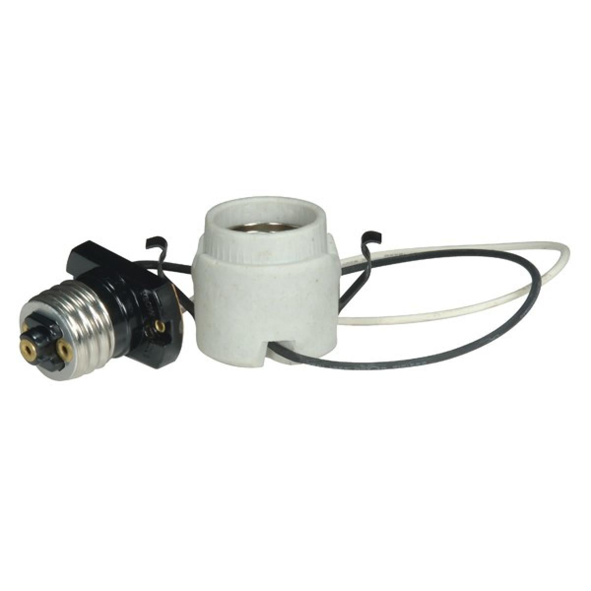 Satco 80-1212 Keyless Porcelain Socket With Adapter And Double Snap-In Clip 10" AWM B/W 150C Leads, CSSNP Screw Shell Unglazed 660W 250V