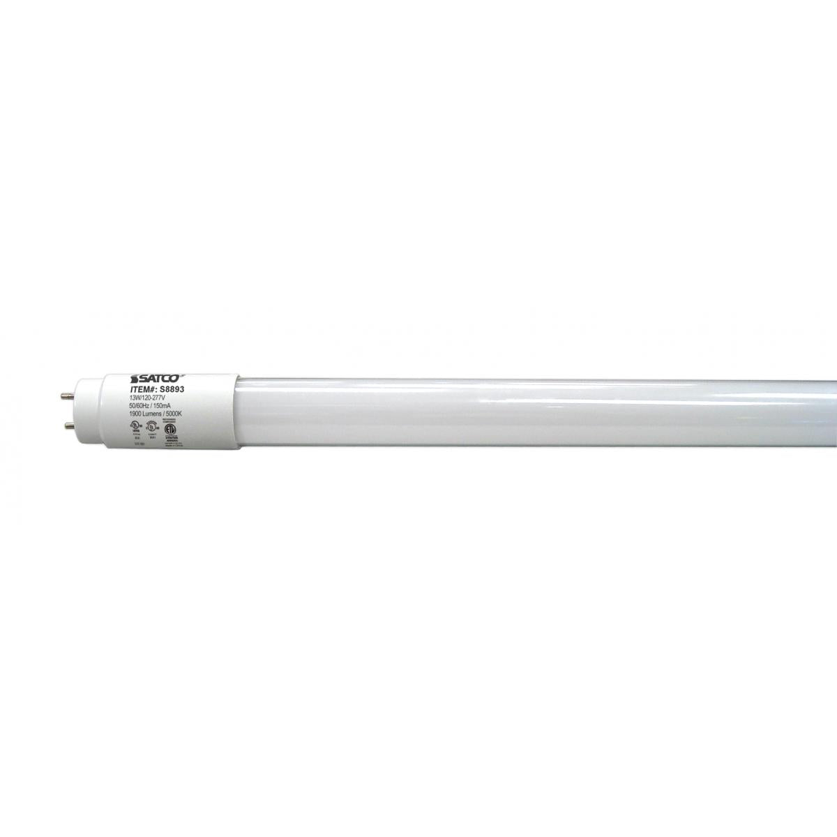 Satco S8893 13T8/LED/48-850/DUAL/BP-DR 13 Watt T8 LED Medium bi-pin base 5000K Type A/B Ballast Dependent or Ballast Bypass