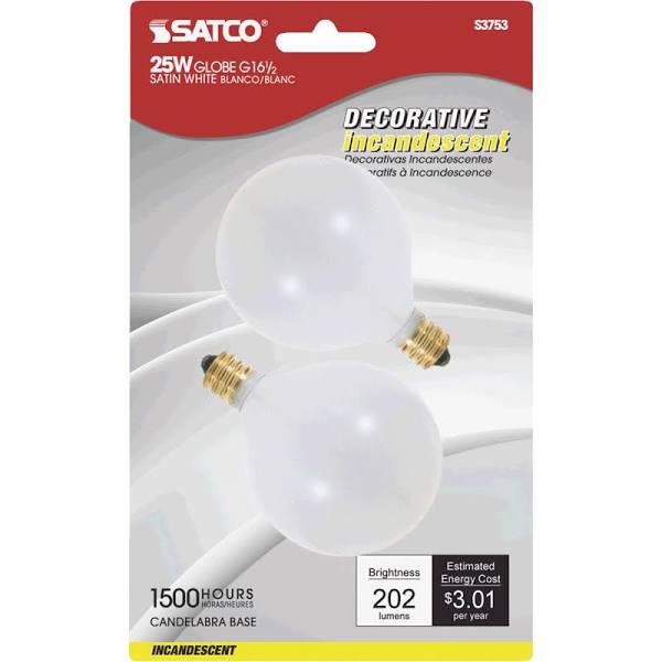 Satco S3753 25W G16 1/2 CAND WHT 25 watt G16 1/2 Incand. Satin White Candelabra base 120 volts