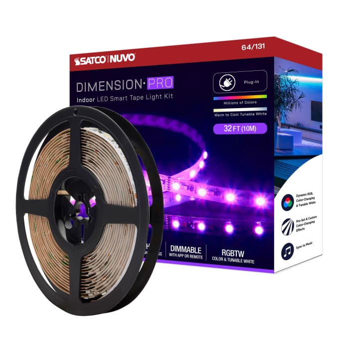 Satco 64-131 Dimension Pro  Tape Light strip  32 ft.  Hi-Output  RGB plus Tunable White  Plug connection  Starfish IOT Capable  IR Remote Included  White Finish