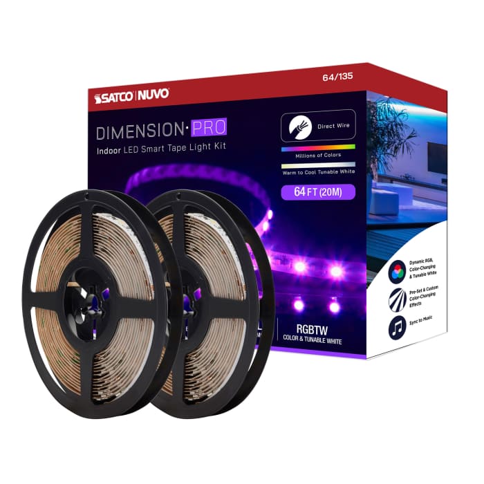 Satco 64-135 Dimension Pro  Tape Light strip  64 ft.  Hi-Output  RGB plus Tunable White  J-Box connection  Starfish IOT Capable  IR Remote Included  White Finish