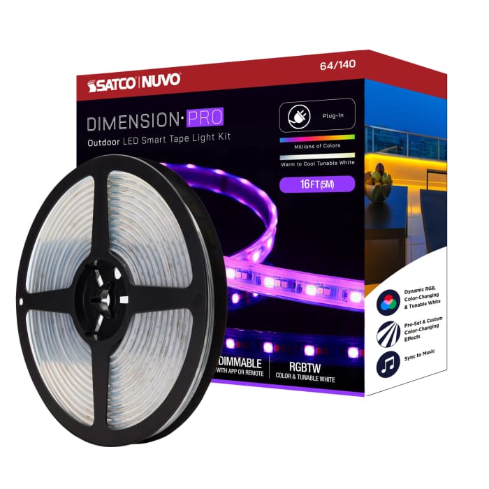Satco 64-140 Dimension Pro  Tape Light strip  16 ft.  Hi-Output  RGB plus Tunable White  Plug connection  IP65  Starfish IOT Capable  RF Remote Included  White Finish