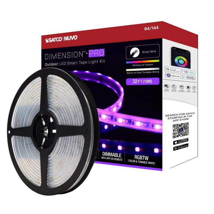 Satco 64-144 Dimension Pro  Tape Light strip  32 ft.  Hi-Output  RGB plus Tunable White  J-Box connection  IP65  Starfish IOT Capable  RF Remote Included  White Finish