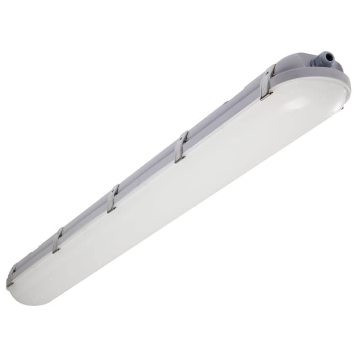 Satco 65-839 4' VAPOR PROOF W/EM & SENSOR 40/50/60 Watt LED 4 Foot Linear Vapor Proof Fixture Emergency Battery Integrated Microwave Sensor 3K/4K/5K CCT Selectable 120-347 Range Voltage Gray Finish