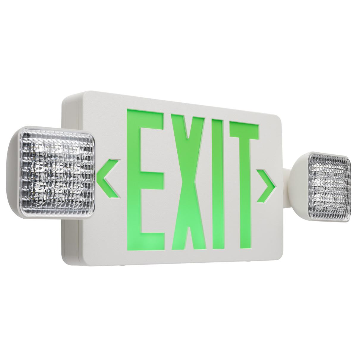 Satco 67-125 Combination Green Exit Sign/Emergency Light Singe/Dual Face 120/277 Volts Remote Compatible White Finish