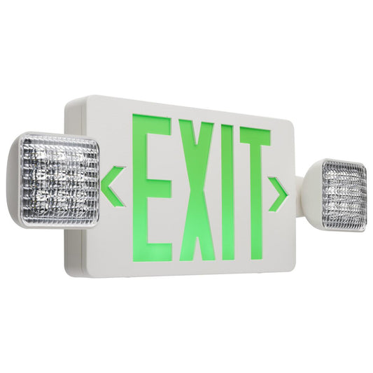 Satco 67-120 Combination Green Exit Sign/Emergency Light, 90min Ni-Cad backup, 120/277V, Dual Head, Single/Dual Face, Universal Mounting