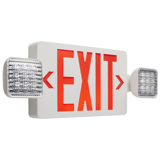 Satco 67-121 Combination Red Exit Sign/Emergency Light, 90min Ni-Cad backup, 120/277V, Dual Head, Single/Dual Face, Universal Mounting