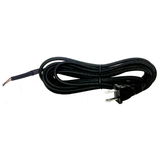 Satco 80-2290 10 Foot Rayon Cord Set Black Finish 18/2 SPT-2 105C With Molded Polarized Plug 150 Carton Tinned Tips Strip With 2" Slit