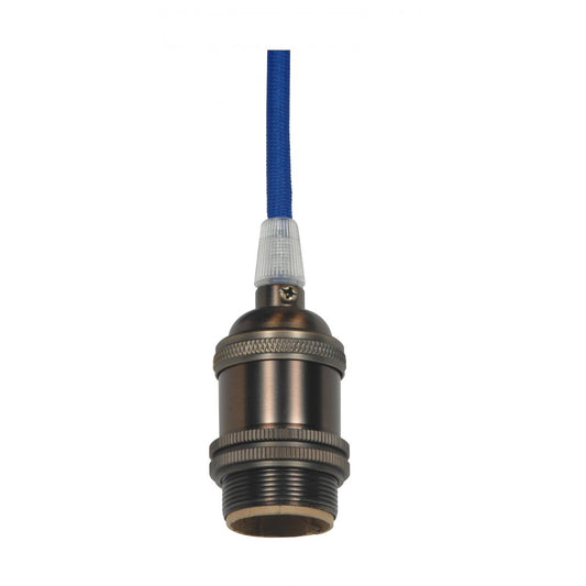 Satco 80-2457 Medium base lampholder 4pc. Solid brass prewired Uno ring 10ft. 18/2 SVT Dark Blue Cord Dark antique brass finish