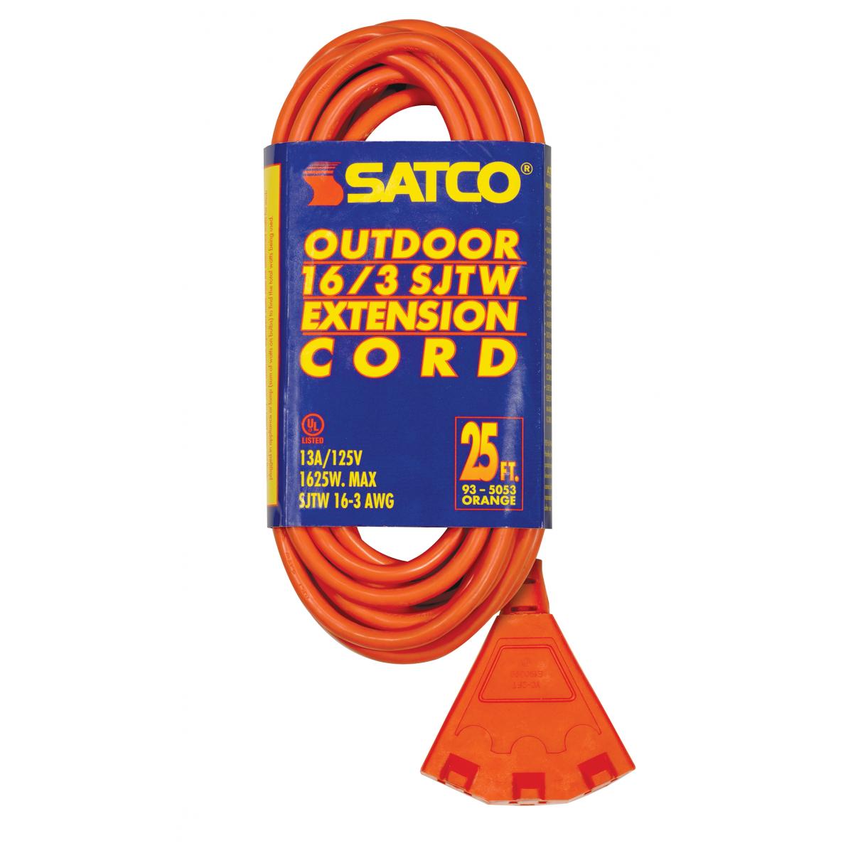Satco 93-5053 25 Foot 3 Wire 3 Fan Outlet Extension Cord 16-3 SJT Orange 13A-125V 1625W