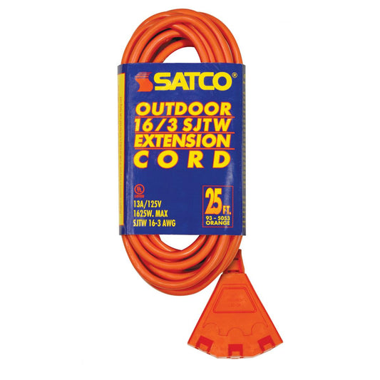 Satco 93-5053 25 Foot 3 Wire 3 Fan Outlet Extension Cord 16-3 SJT Orange 13A-125V 1625W