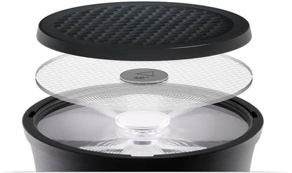 Exploded view of Soraa SNAP 2 inch Flat Top lens above an LED lamp