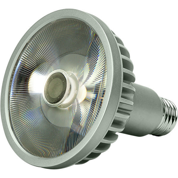 Angled front view of Soraa SP30L-14-36D-827-H1 BRILLIANT PAR30 Long Neck E26 120V LED lamp, 13.7W, 36 degree, 2700K