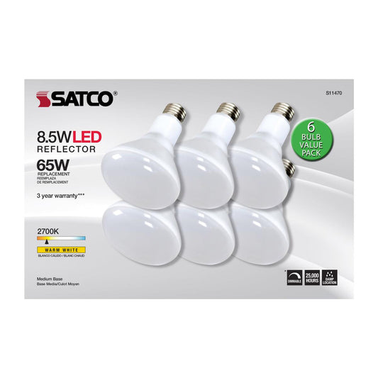 Satco S11470 8.5 Watt BR30 LED 2700K 80 CRI Medium Base 120 Volts Dimmable 6-pack