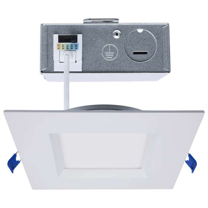Satco S11871R1 9WLED/DW/4/CCT-SEL/SQ/RD/WH 9 Watt LED Direct Wire Downlight Slimfit Smooth Baffle 4 Inch CCT Selectable Square Remote Driver White Finish