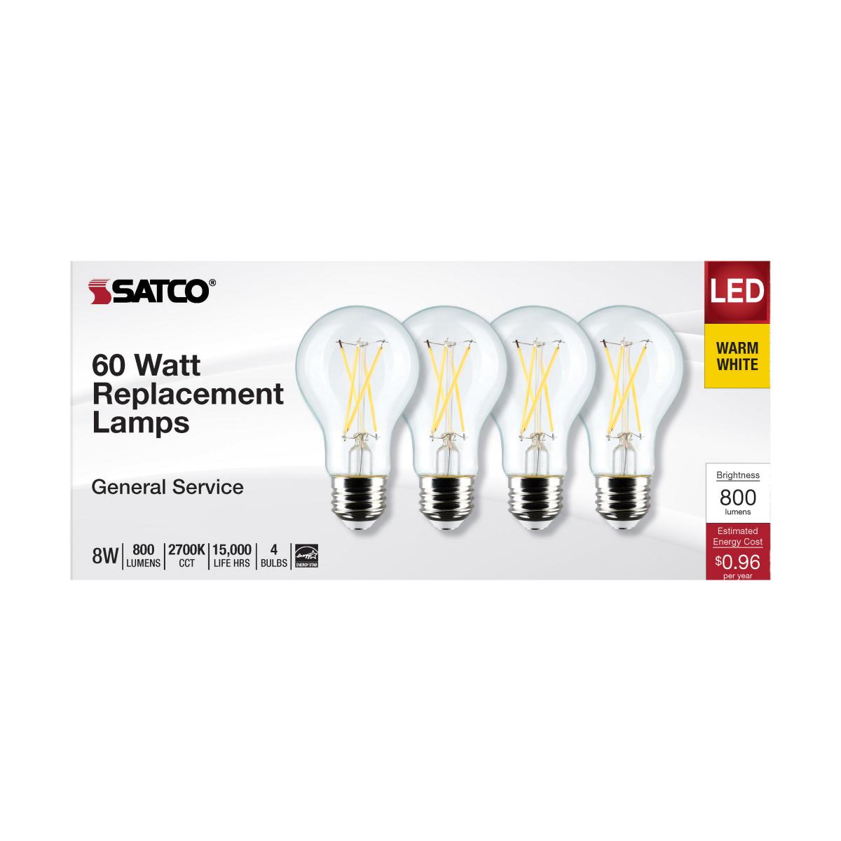 Satco S12463 8 Watt A19 LED Clear 3000K Medium Base 120 Volt 4-Pack