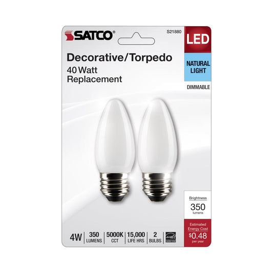 Satco S21880 4 Watt B11 LED Frost Finish Medium Base 5000K 120 Volt 2-Pack