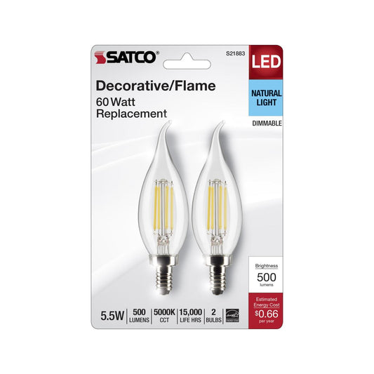 Satco S21883 5.5 Watt CA10 LED Clear Candelabra Base 5000K 120 Volt 2-Card