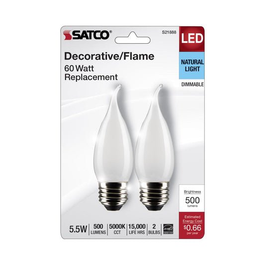 Satco S21888 5.5 Watt CA10 LED Frost Finish Medium Base 5000K 120 Volt 2-Card
