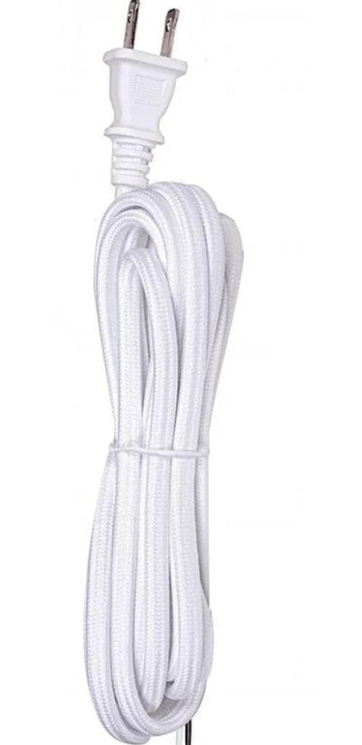 Satco 80-2291 10 Foot Rayon Cord Set White Finish 18/2 SPT-2 105C With Molded Polarized Plug 150 Carton Tinned Tips Strip With 2" Slit