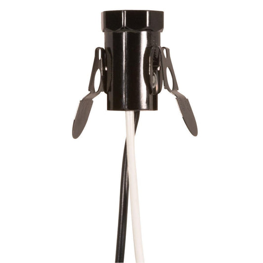 Satco 80-1093 Phenolic Candelabra Base Socket With Spring Clip 3/4" Diameter 1" Hole Size 24" AWM B/W Leads 105C 75W 125V