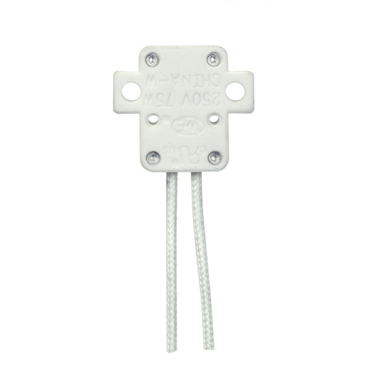 Satco 80-2307 G5.3 Halogen Socket With 2 Mounting Holes 9" SF-1 200C Leads 3/8" Height 1-1/16" Length 1-3/16" Width 75W 250V