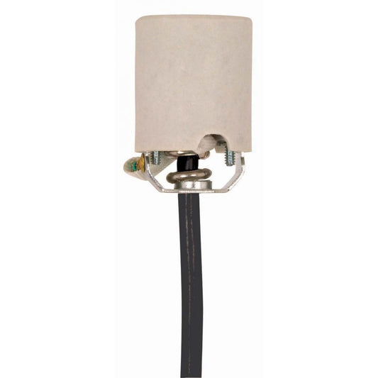Satco 90-1564 Keyless Porcelain Socket With Hickey, Strain Relief And Fiber Sleeving 8 Foot 18/3 SVT Black 105C Leads Unglazed 660W 250V
