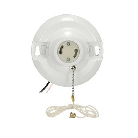 Satco 90-2470 White Phenolic GU24 On-Off Pull Chain Ceiling Receptacle 6" AWM B/W Leads 105C 4-1/2" Diameter 75W 250V