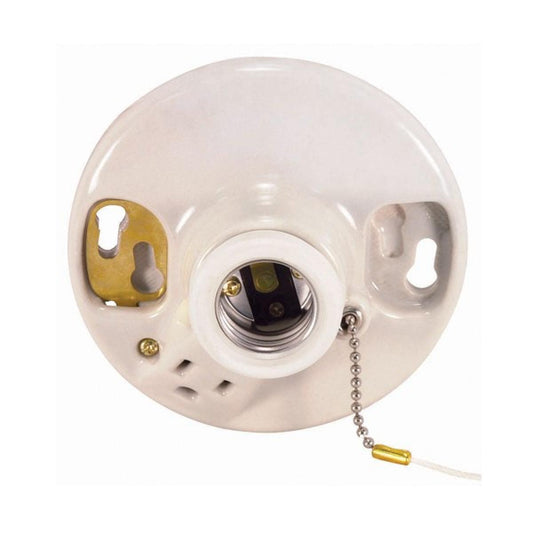 Satco 90-444 Glazed Porcelain Ceiling Receptacle On-Off Pull Chain w/Grounded Convenience Outlet