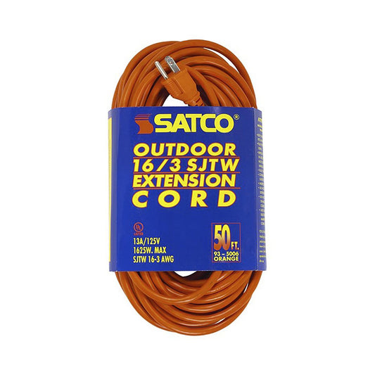 Satco 93-5006 50 Foot Orange Heavy Duty Outdoor Extension Cord 16/3 Ga. SJTW-3 Orange Cord With Sleeve 13A-125V 1625W
