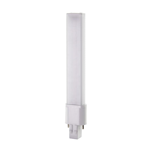 Satco S28726 6 Watt LED PL 2-PIN 3000K 600 Lumens GX23 base 50000 Average rated hours 360 deg. Beam Angle 120-277 Volt Type B Ballast Bypass