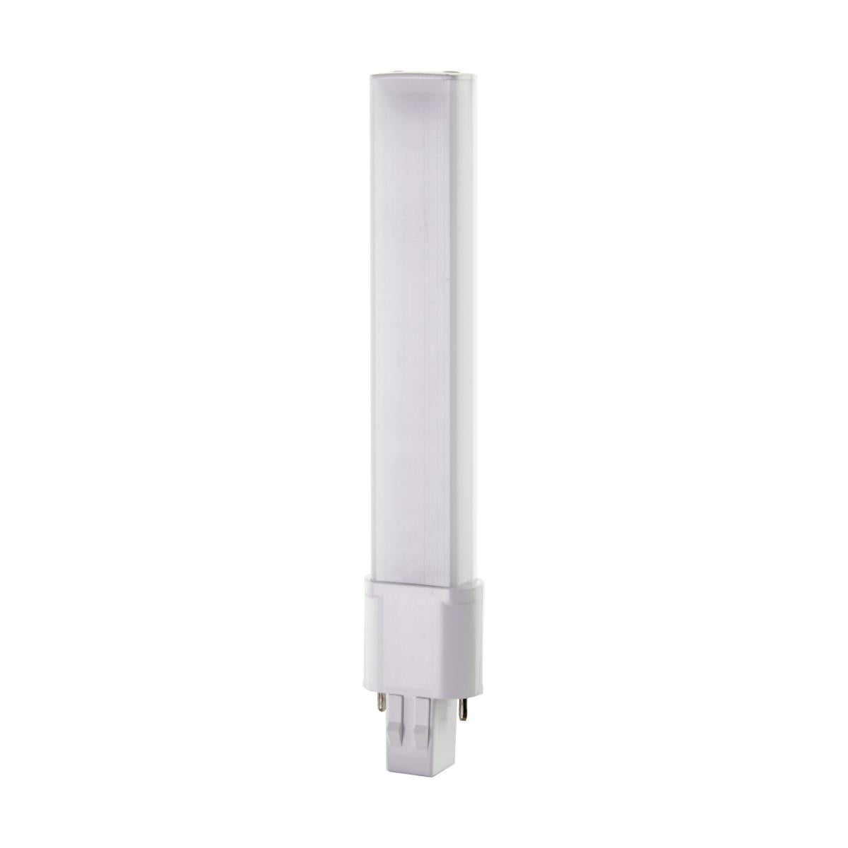 Satco S28727 6 Watt LED PL 2-PIN 3500K 600 Lumens GX23 base 50000 Average rated hours 360 deg. Beam Angle 120-277 Volt Type B Ballast Bypass