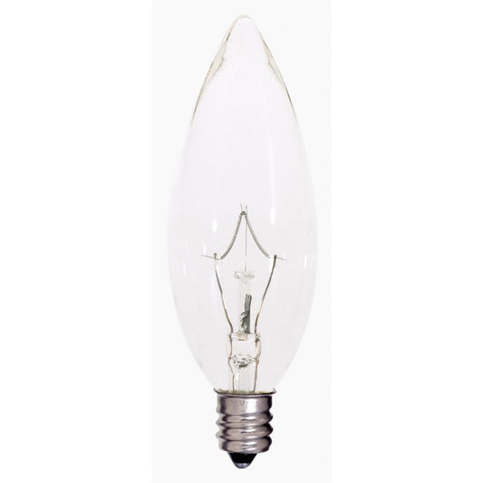 Satco S4995 25 Watt BA9 1/2 Incandescent Clear 2500 Average rated hours 212 Lumens Candelabra base 120 Volt